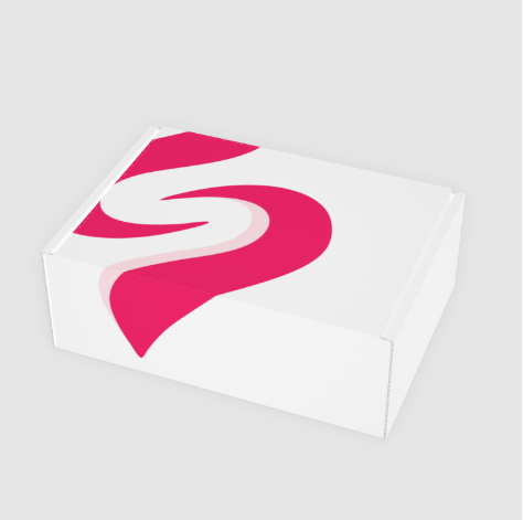 White gift box with Squaties pink and white logo on a light gray background